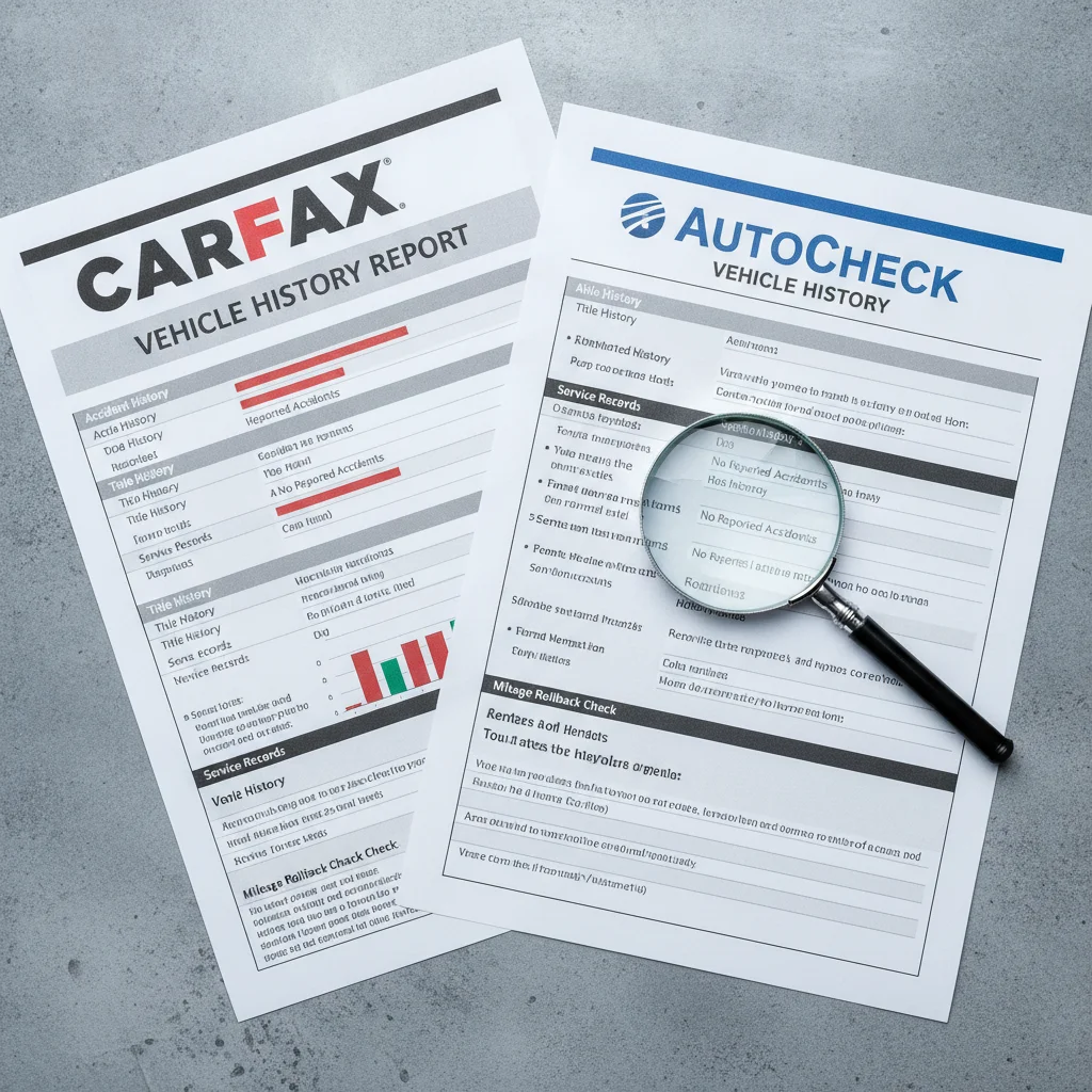 Two vehicle history reports from different providers placed side by side with a magnifying glass on top