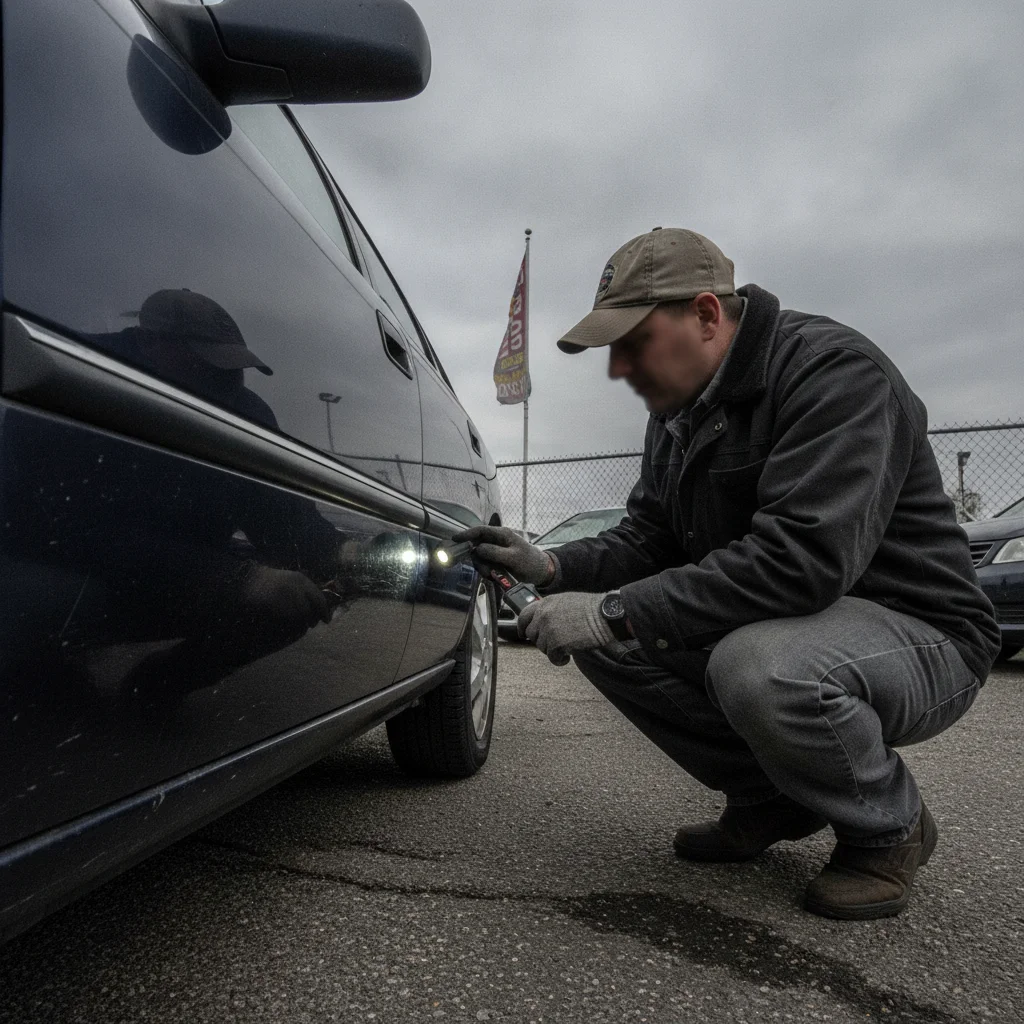 Person closely inspecting door panel gaps and paint finish on a used car during an in-person evaluation