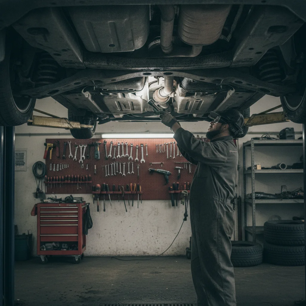 Mechanic inspecting the undercarriage and frame of a used car on a lift in a repair shop