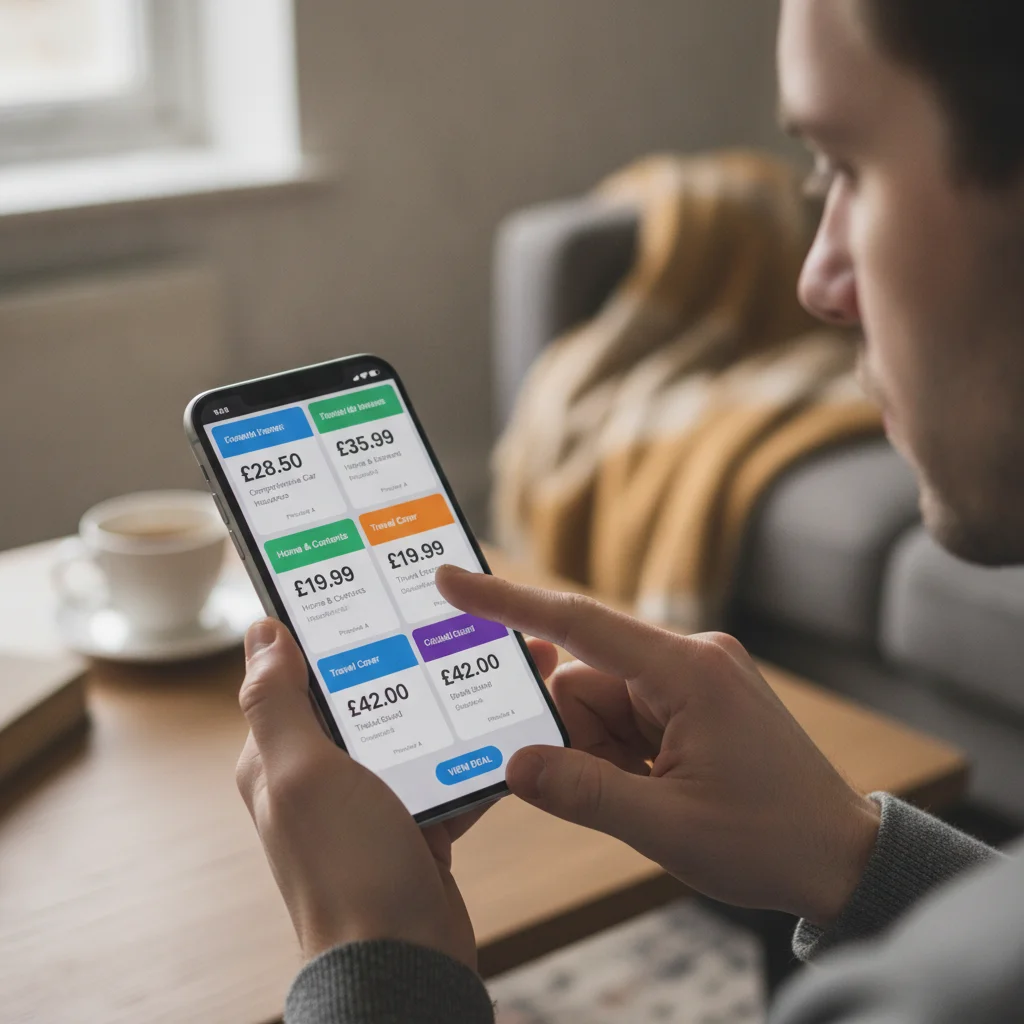 Person scrolling through auto insurance price comparison results on a smartphone screen