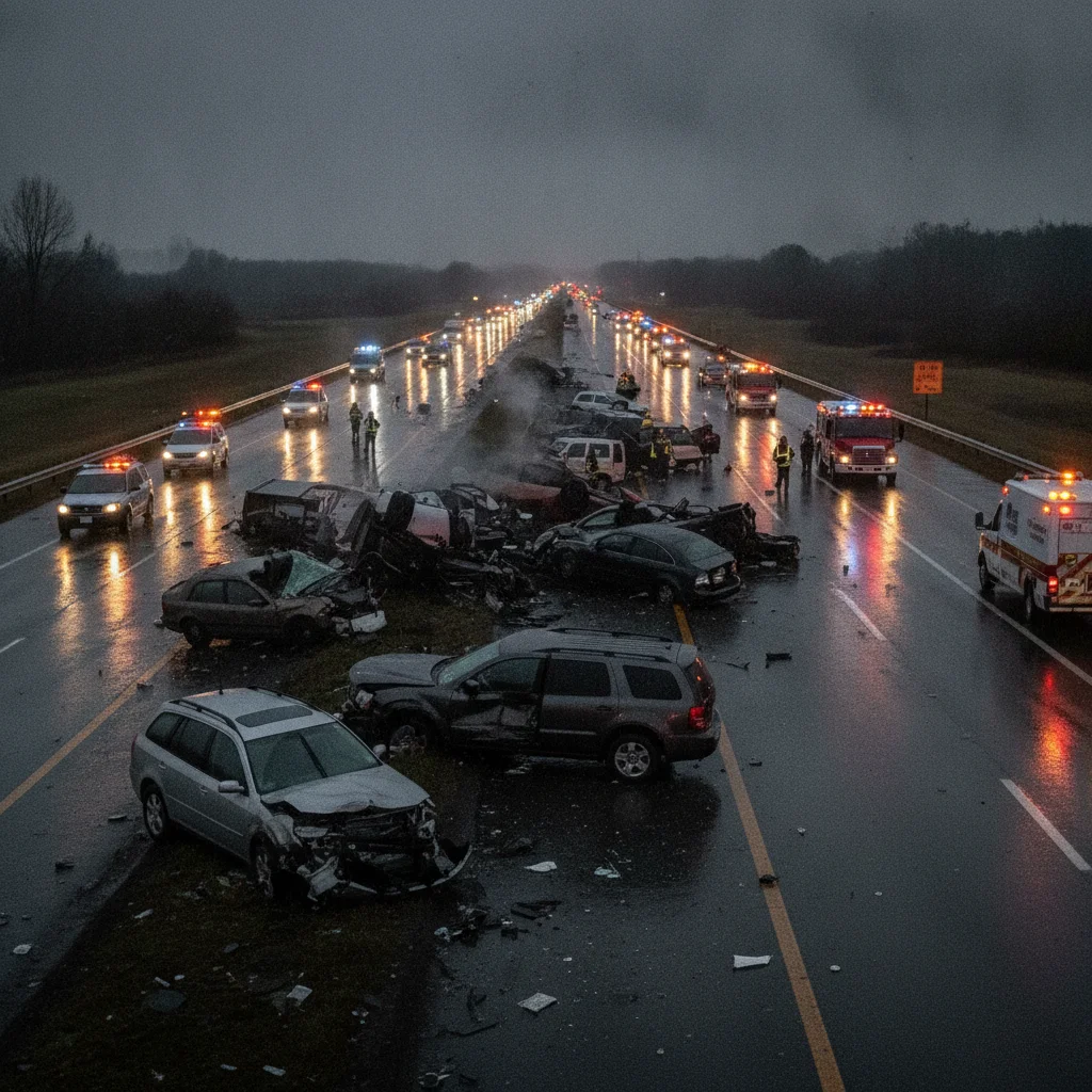 Multi-vehicle accident on a wet highway at dusk with emergency vehicles in the background