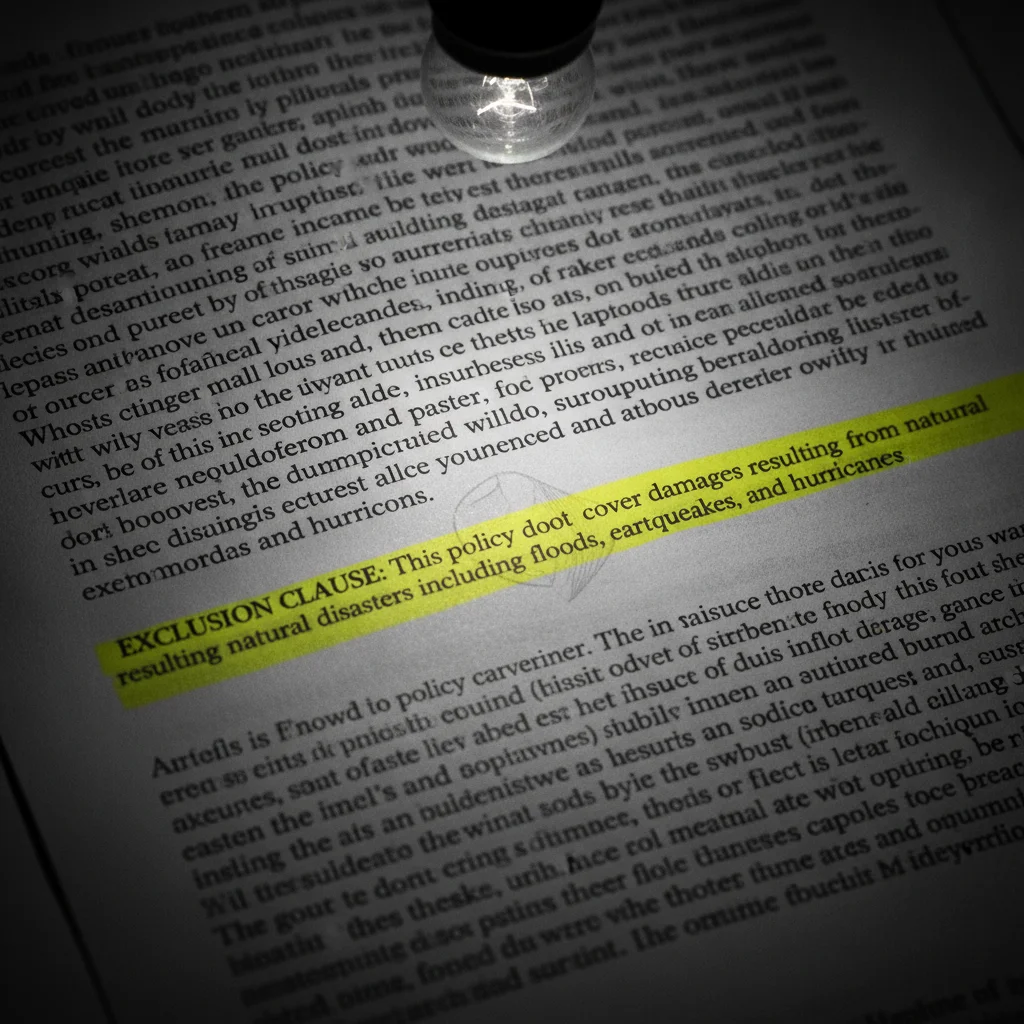 Close-up of an insurance policy document with an exclusion clause highlighted in yellow