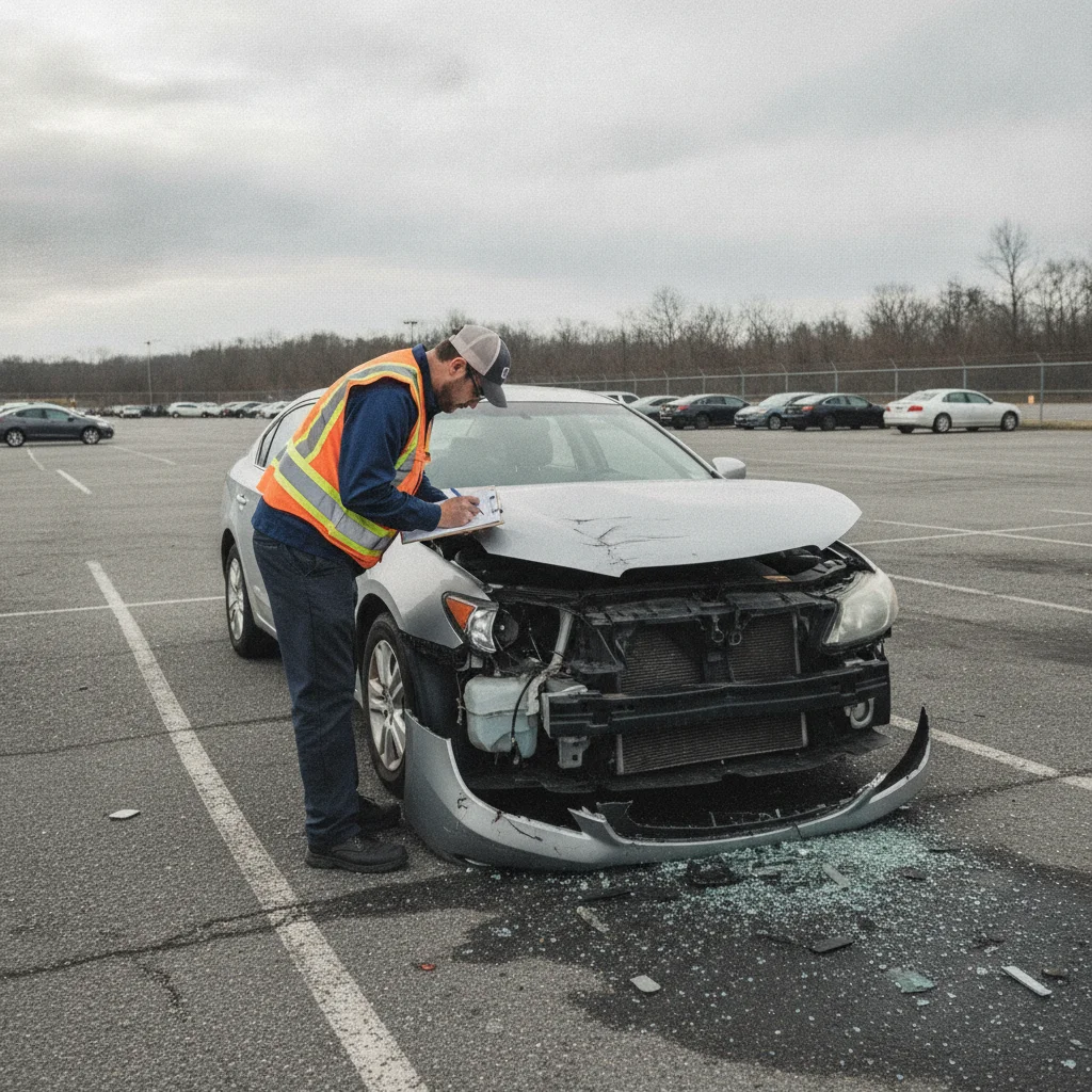Insurance claims adjuster with clipboard inspecting a damaged vehicle in a parking lot under overcast sky