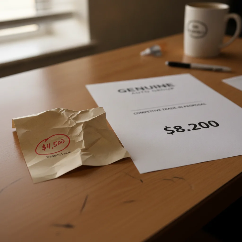 A dealer appraisal sheet with a low offer circled next to a competing offer showing a higher value