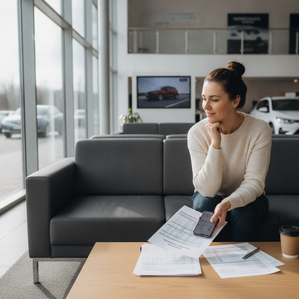 Car seller reviewing multiple trade-in quotes on a smartphone and printed documents before negotiating