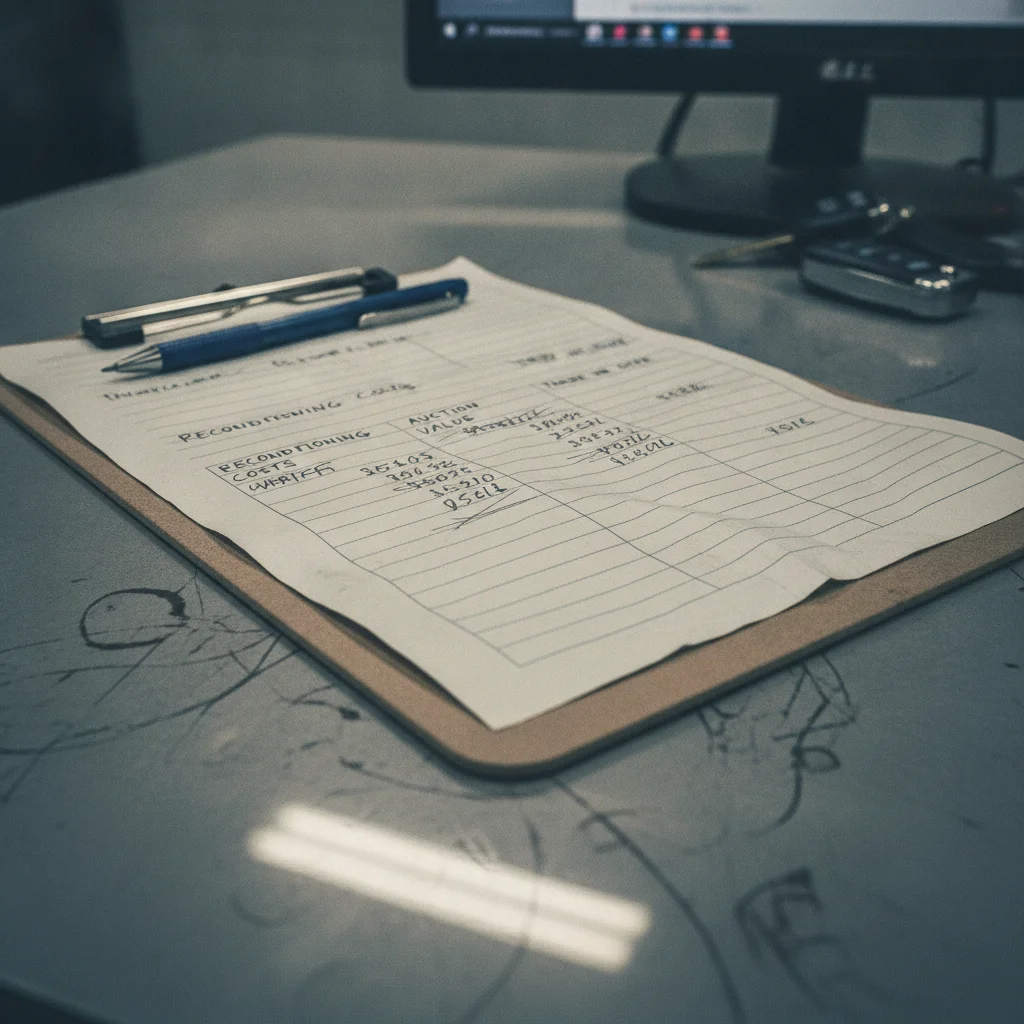 Dealer appraisal worksheet showing reconditioning cost deductions and trade-in value calculations on a clipboard