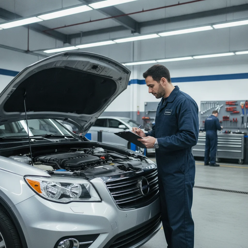 Mechanic conducting a pre-sale vehicle inspection on an SUV, reviewing a checklist in a well-lit automotive shop