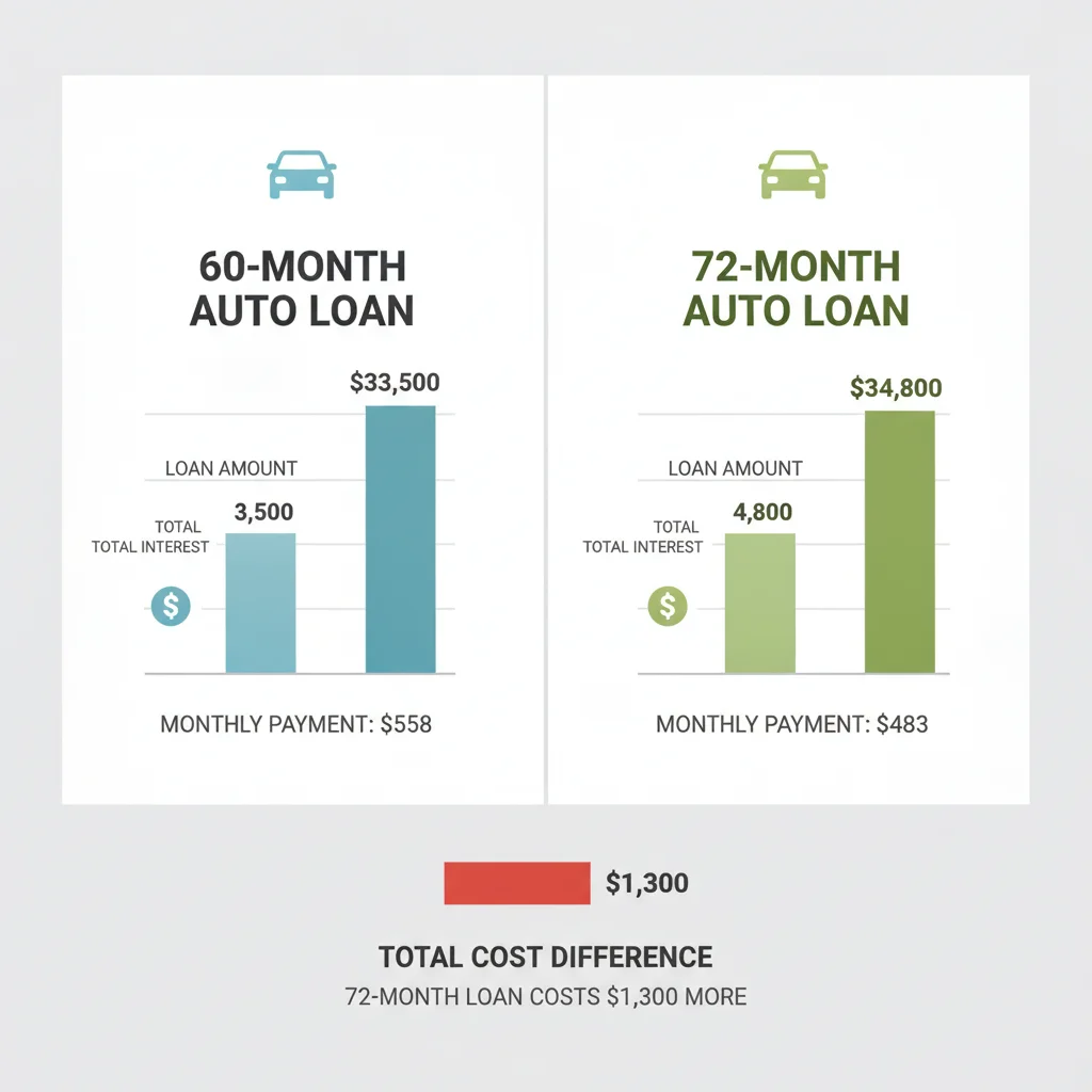 Side-by-side comparison of 60-month and 72-month auto loan total costs shown as bar charts