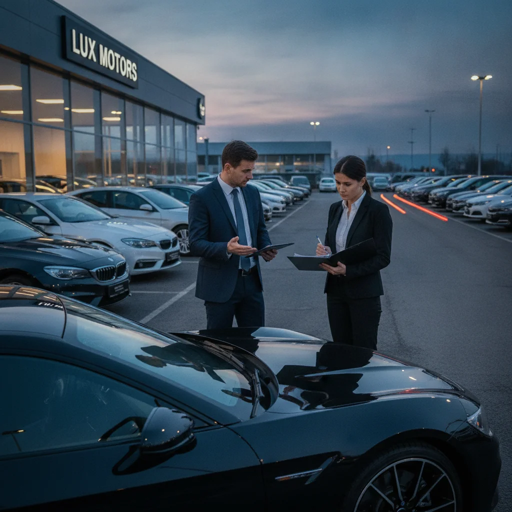 Car buyer reviewing paperwork with a salesperson on a dealership lot at dusk