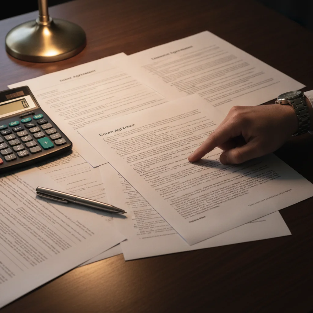 Close-up of a dealership finance contract with a hand pointing to small print details