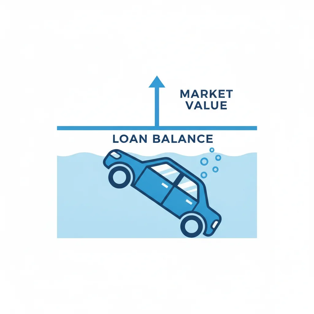 Diagram showing a car below a loan balance waterline illustrating negative equity concept