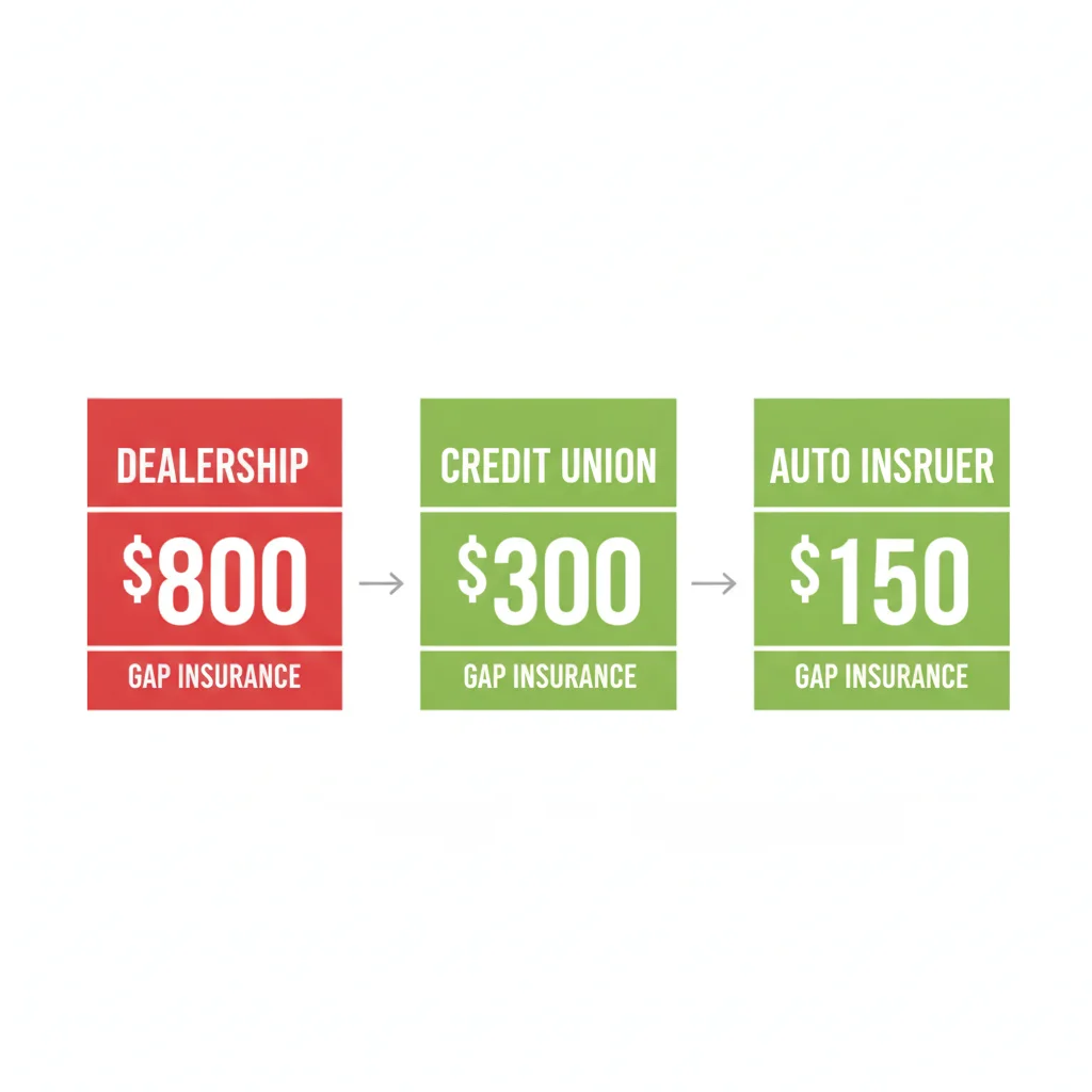 Comparison price tags showing gap insurance cost differences between dealer, credit union, and insurer