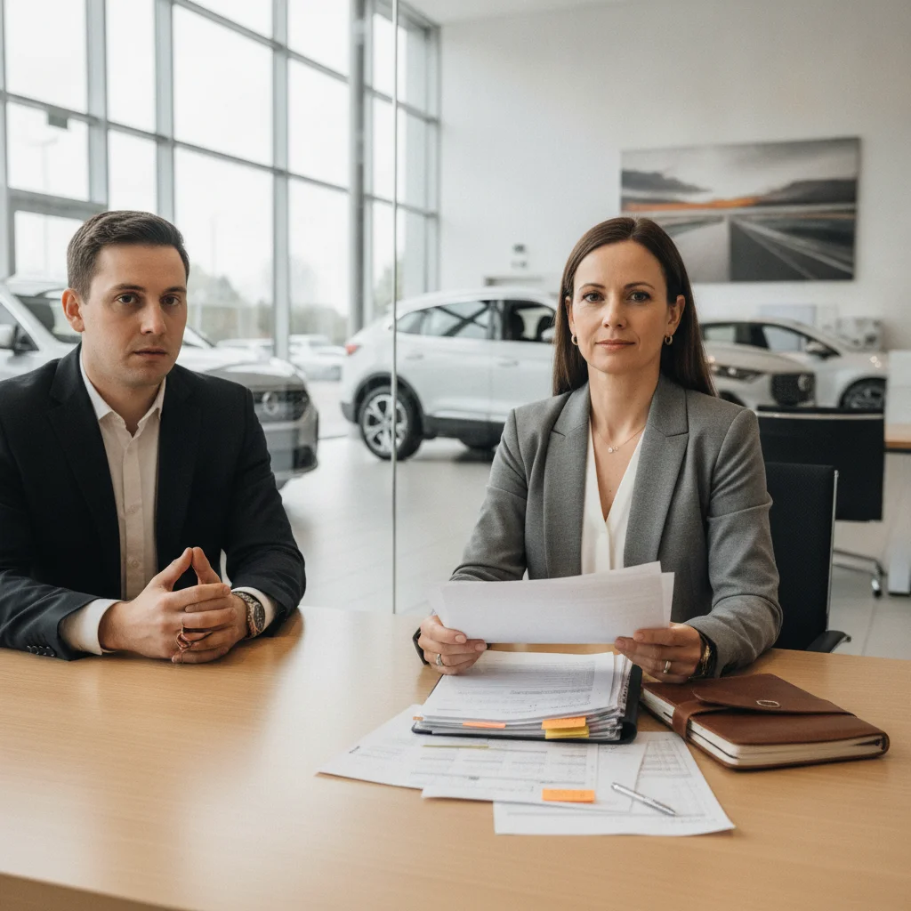 A prepared car buyer reviewing their own documents in a dealership finance office