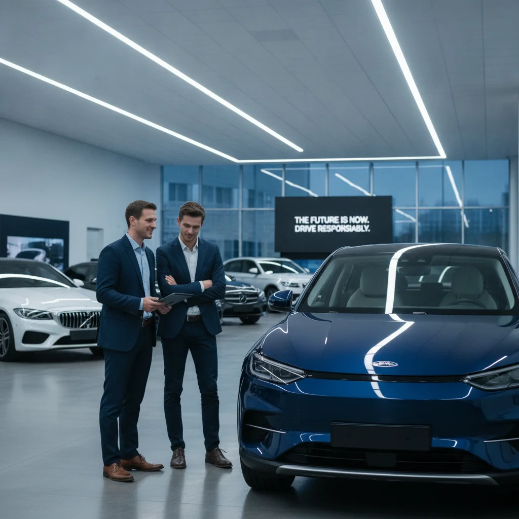 A car salesperson explaining features to a couple in a dealership showroom during negotiation