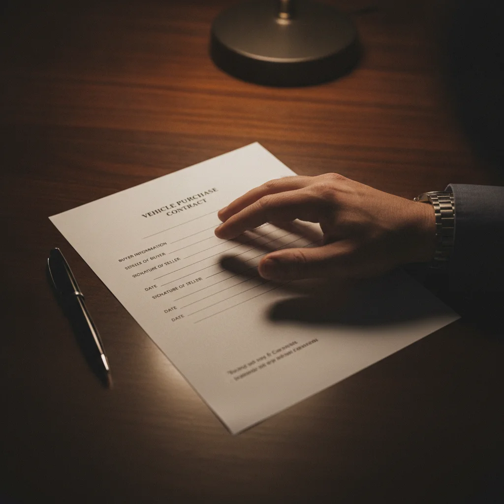 A hand pausing before signing a multi-page car purchase contract in a finance office