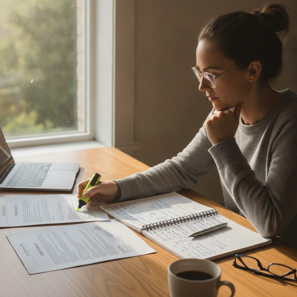 A car buyer comparing handwritten negotiation notes against a printed dealership contract at home