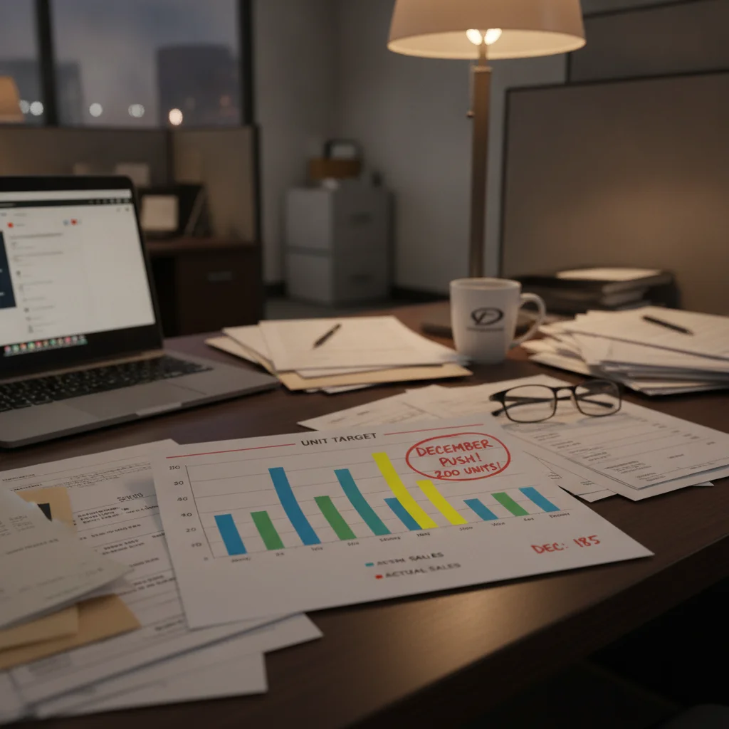 Dealership sales performance chart on a manager's desk highlighting December monthly unit targets