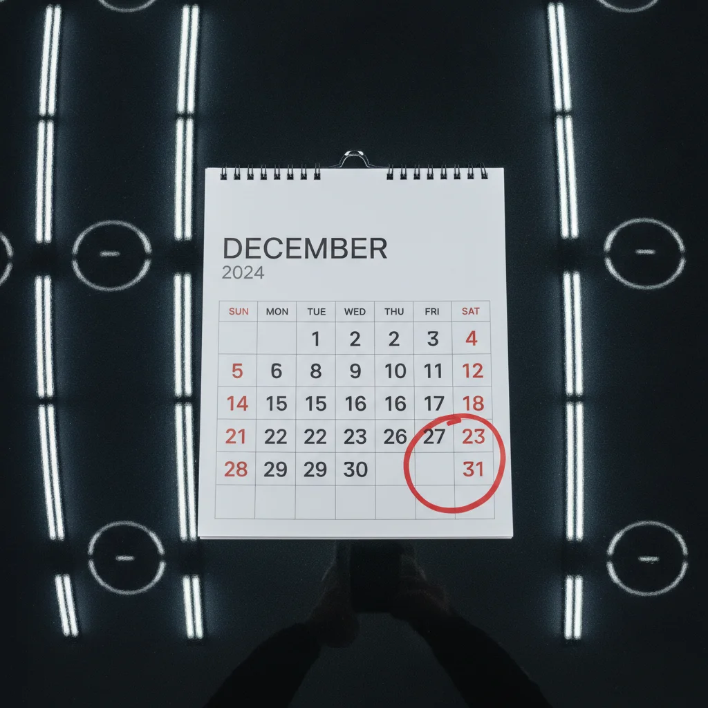 December calendar with final week circled in red placed on the hood of a car at a dealership