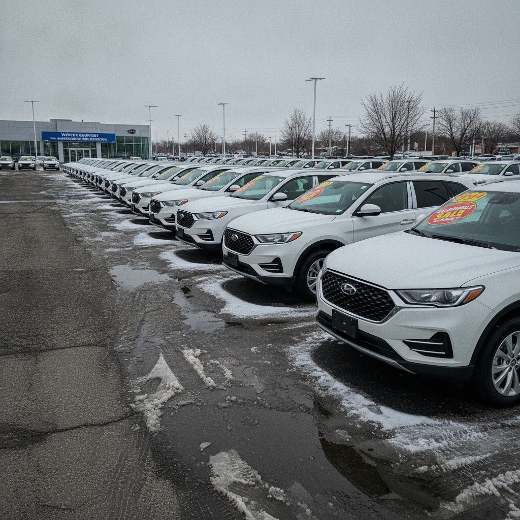Row of new vehicles on a dealership lot in winter with clearance sale price stickers on windshields