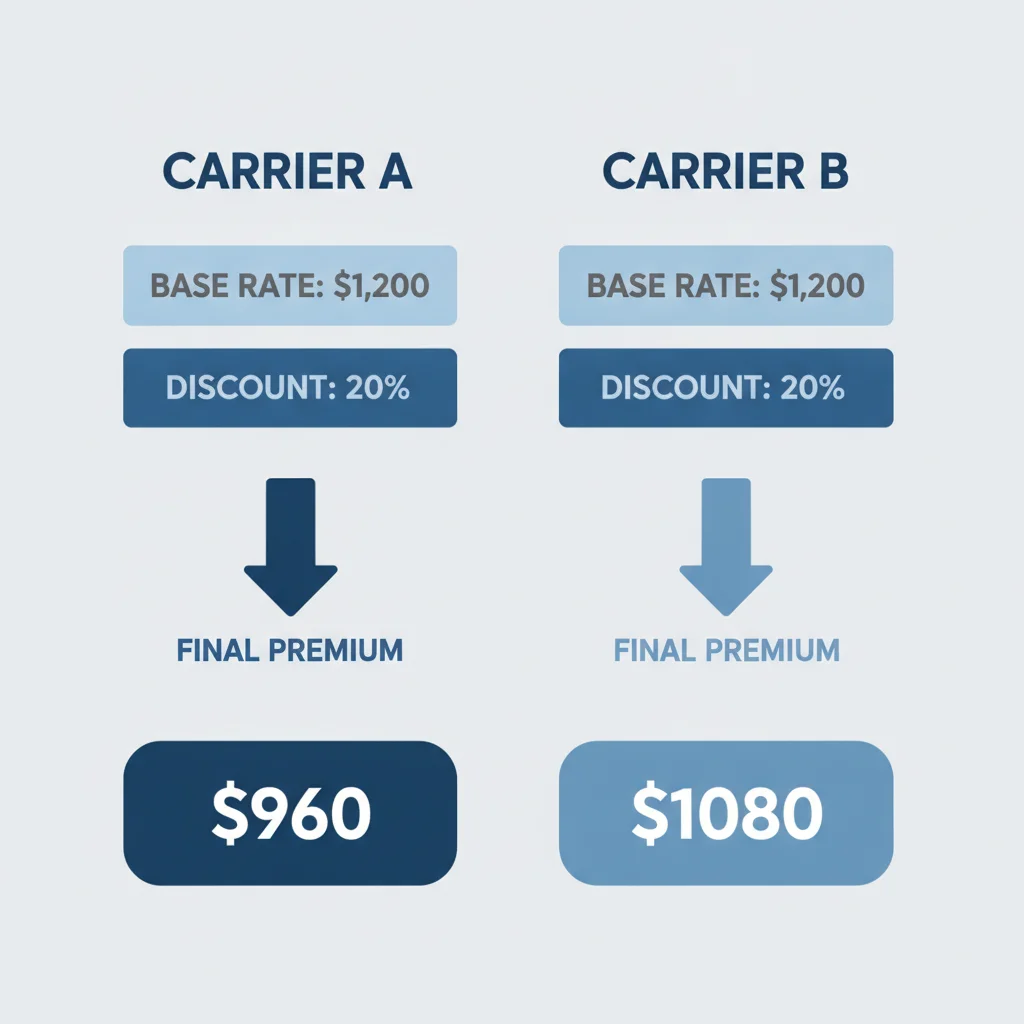 Diagram comparing how identical discount percentages applied to different base rates produce different final insurance premiums