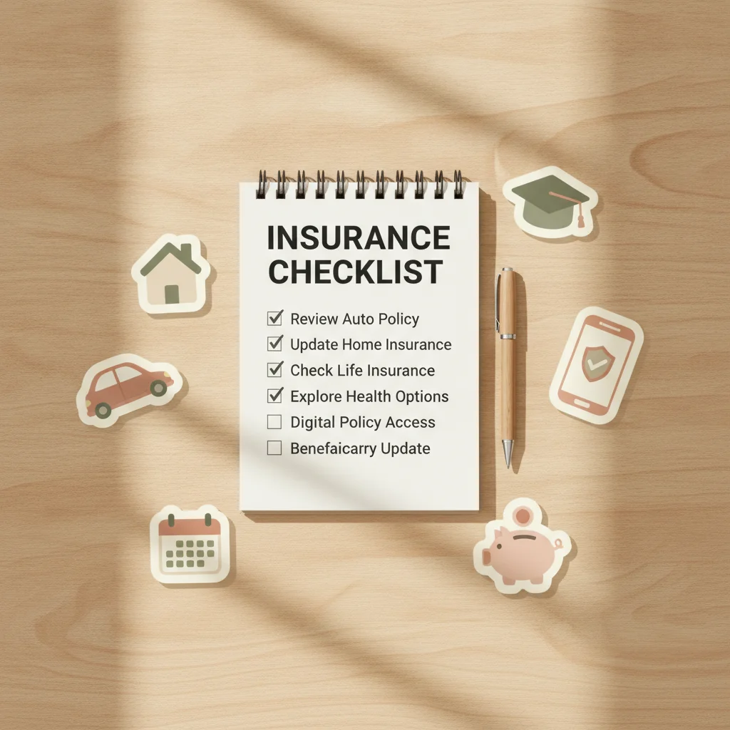 Checklist notepad with car insurance discount eligibility icons including a car, house, graduation cap, and smartphone