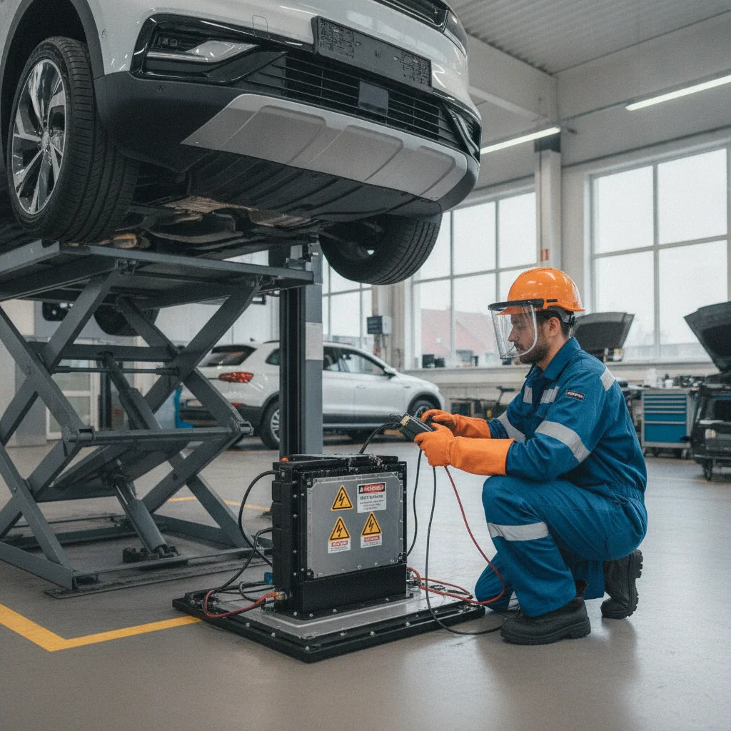 Certified EV technician in safety equipment inspecting battery components on a lifted electric vehicle in a repair shop