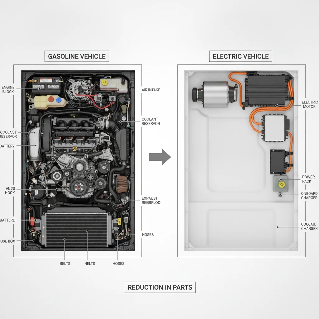 Side-by-side comparison of a gas car engine bay and a clean electric vehicle motor compartment