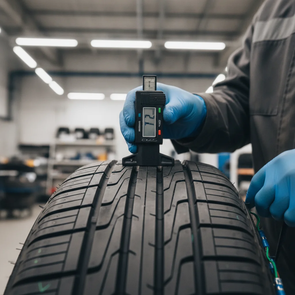 Technician measuring tread depth on an electric vehicle tire with a handheld gauge