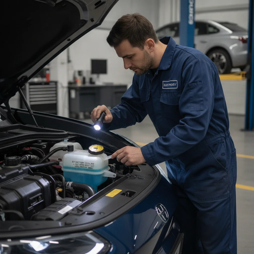 Mechanic inspecting the coolant reservoir of an EV battery thermal management system