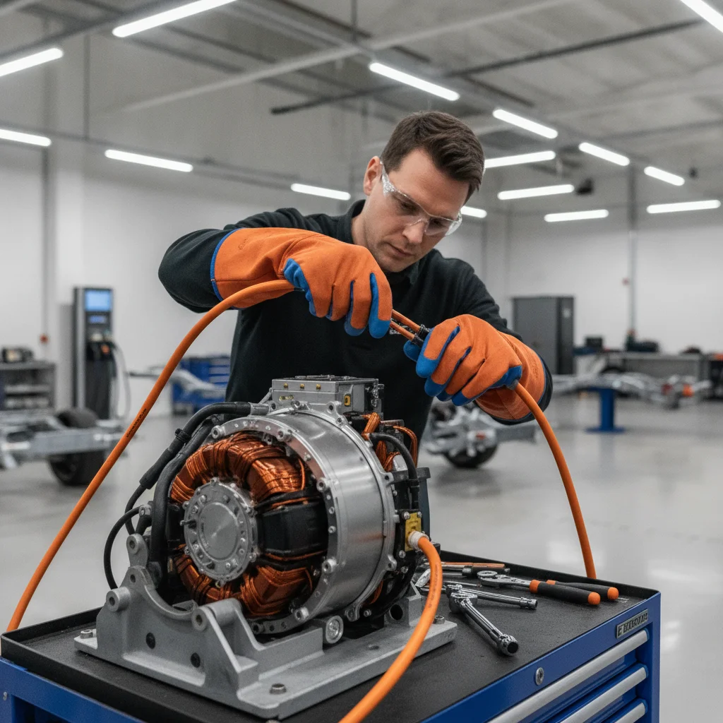 Certified EV technician in insulated gloves working on high-voltage orange cabling inside an electric vehicle