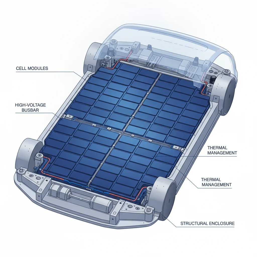Technical cutaway illustration showing a large flat battery pack covering the full floor undercarriage of an electric vehicle