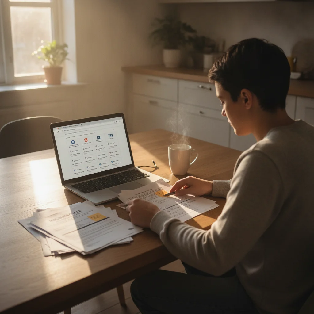 Car owner reviewing EV insurance policy documents and comparing quotes on a laptop at home