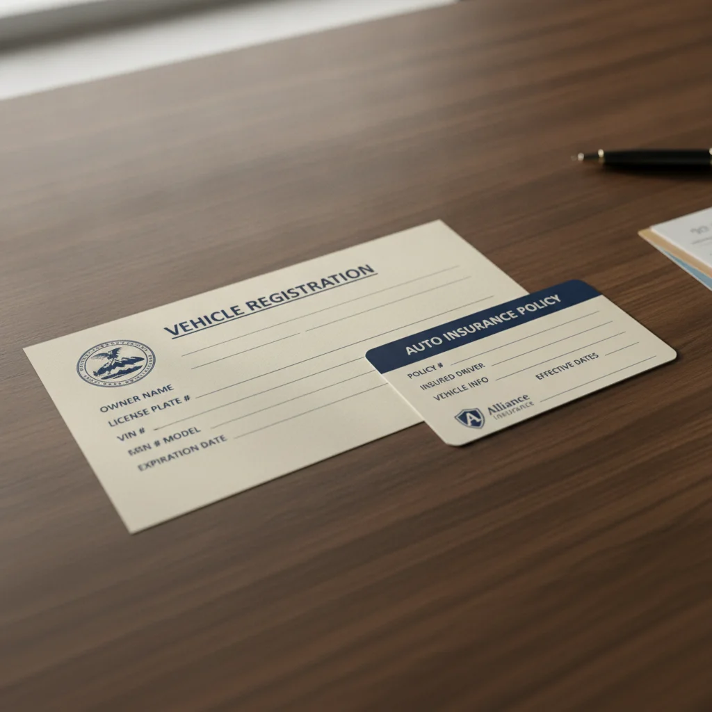 State vehicle registration document and auto insurance policy card placed side by side on a desk