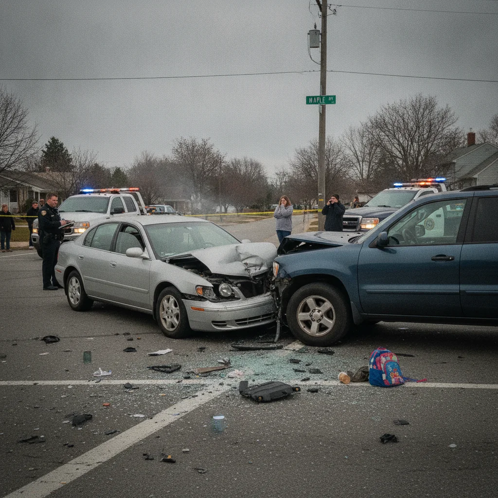 Two damaged cars at an intersection after a collision with a police officer documenting the scene