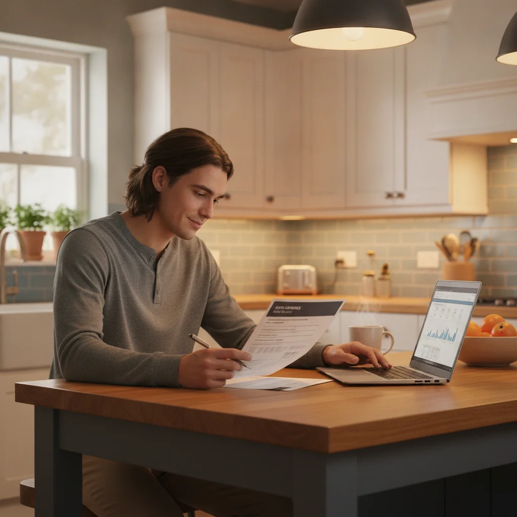 Young adult reviewing an auto insurance policy document at a kitchen table with a laptop nearby