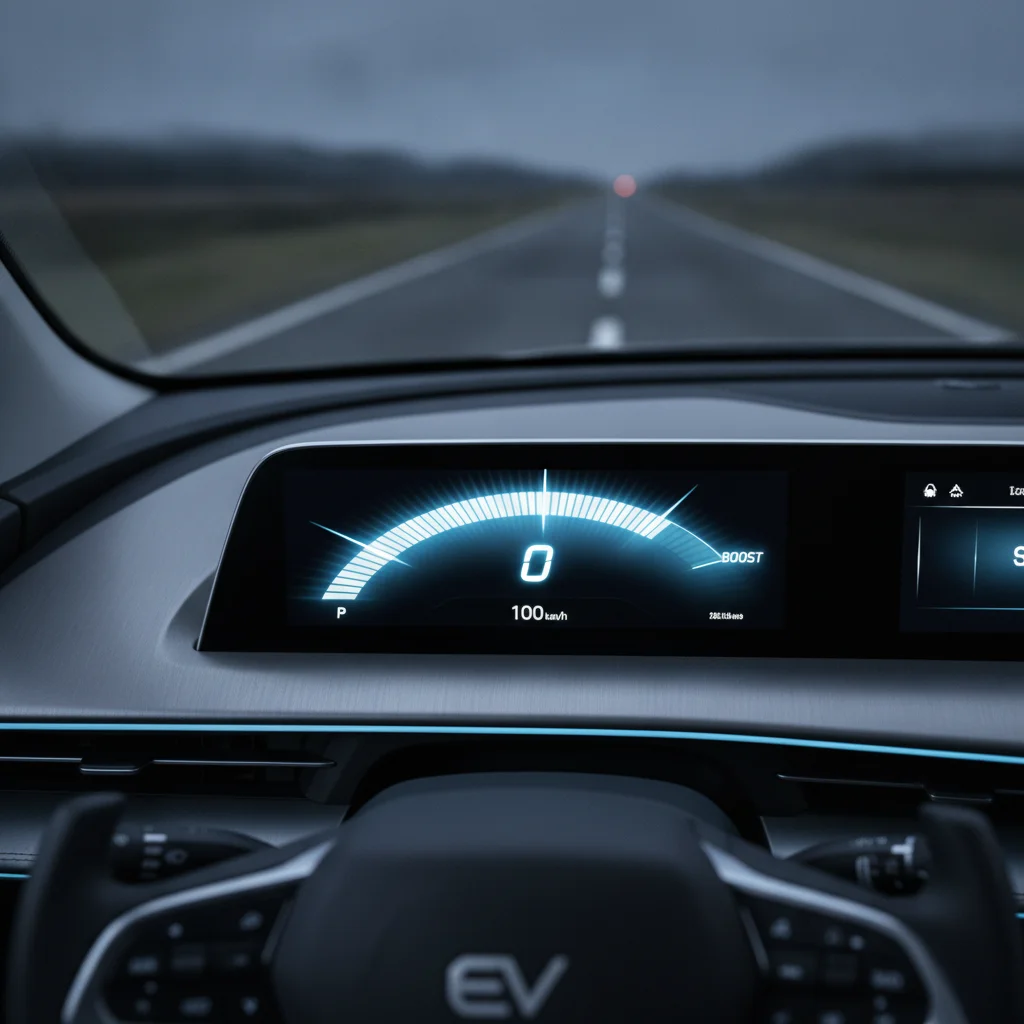 Electric vehicle dashboard showing power gauge during acceleration with ambient interior lighting