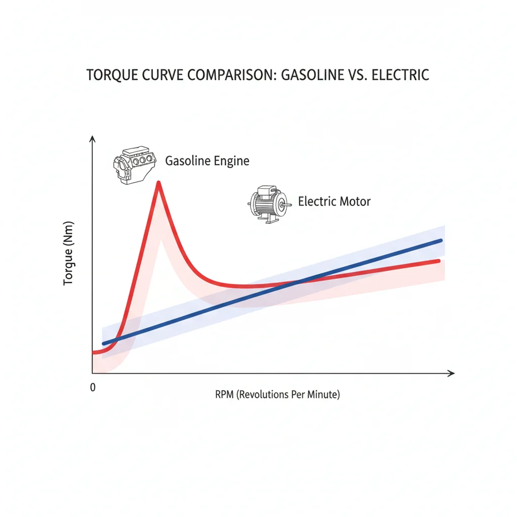 Diagram comparing torque curves of a gasoline engine and an electric motor across RPM range