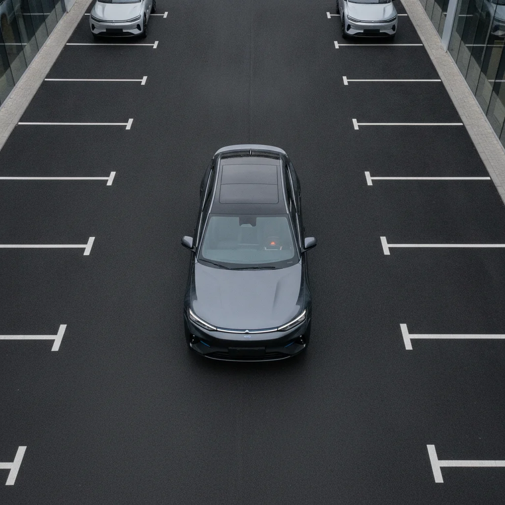 Modern electric SUV viewed from above on a smooth asphalt surface in neutral daylight
