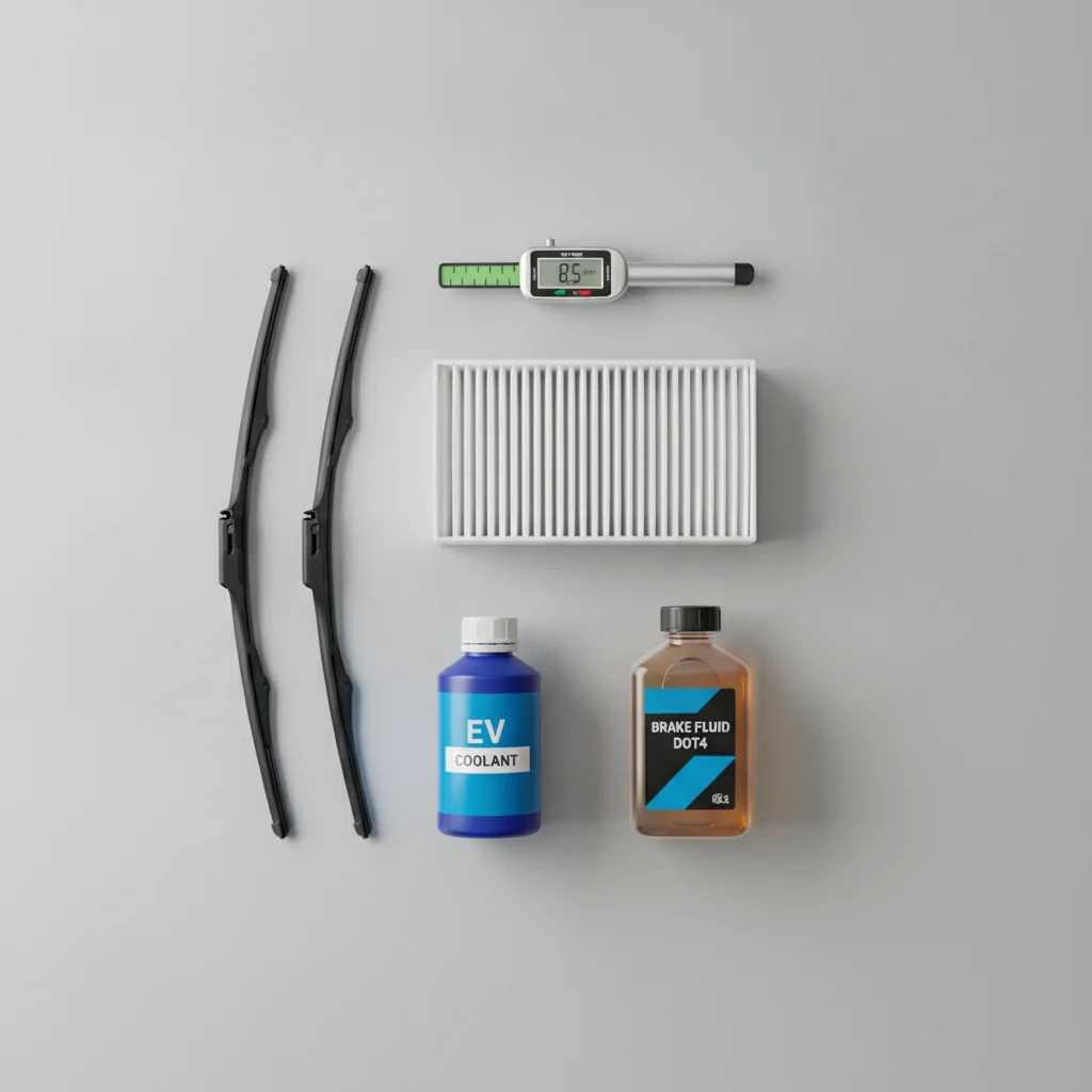 EV maintenance items including cabin air filter, wiper blades, and brake fluid laid out on a surface