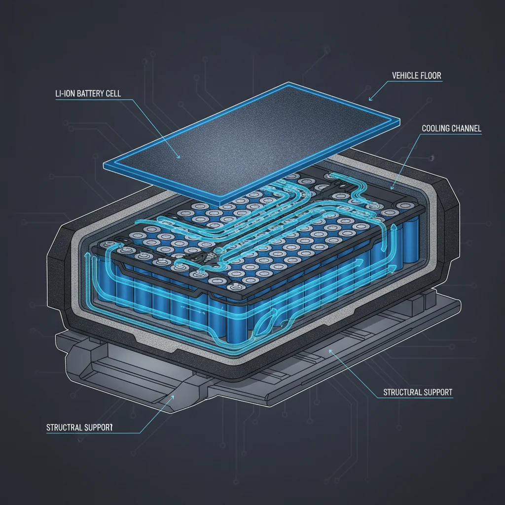 Cross-section diagram of an electric vehicle battery pack showing internal cells and liquid cooling channels