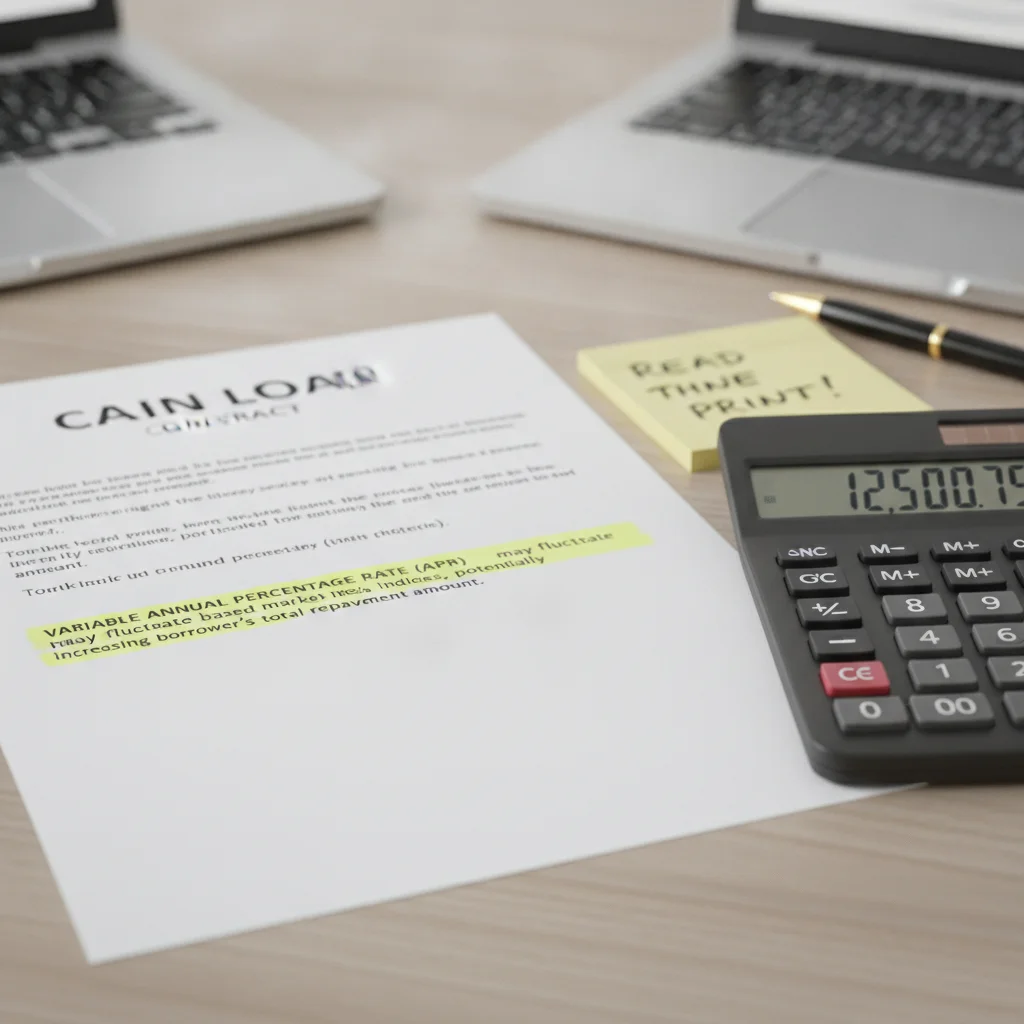 Auto loan contract with highlighted fine print clauses next to a calculator on a desk