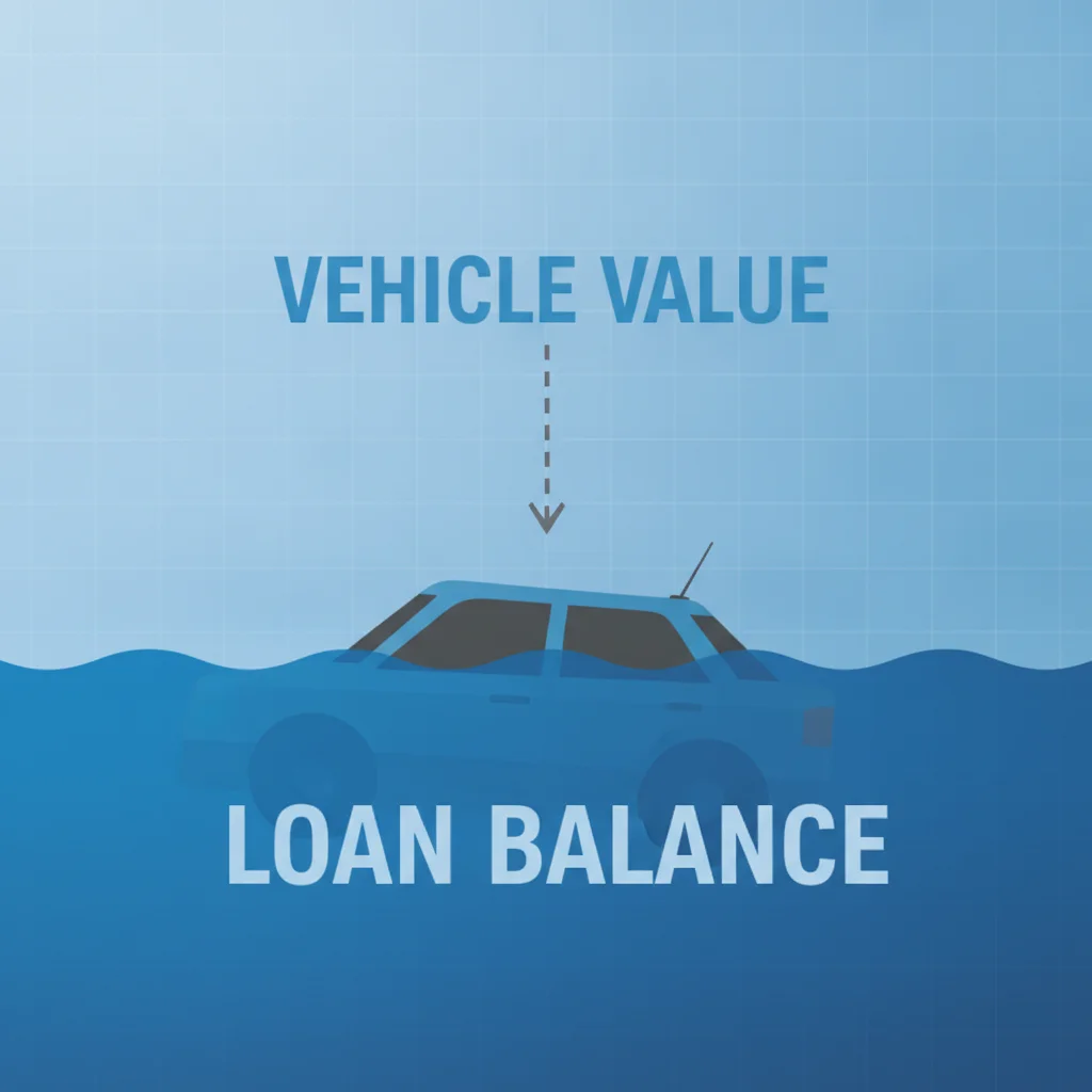 Diagram showing a car loan balance above vehicle value representing negative equity underwater concept