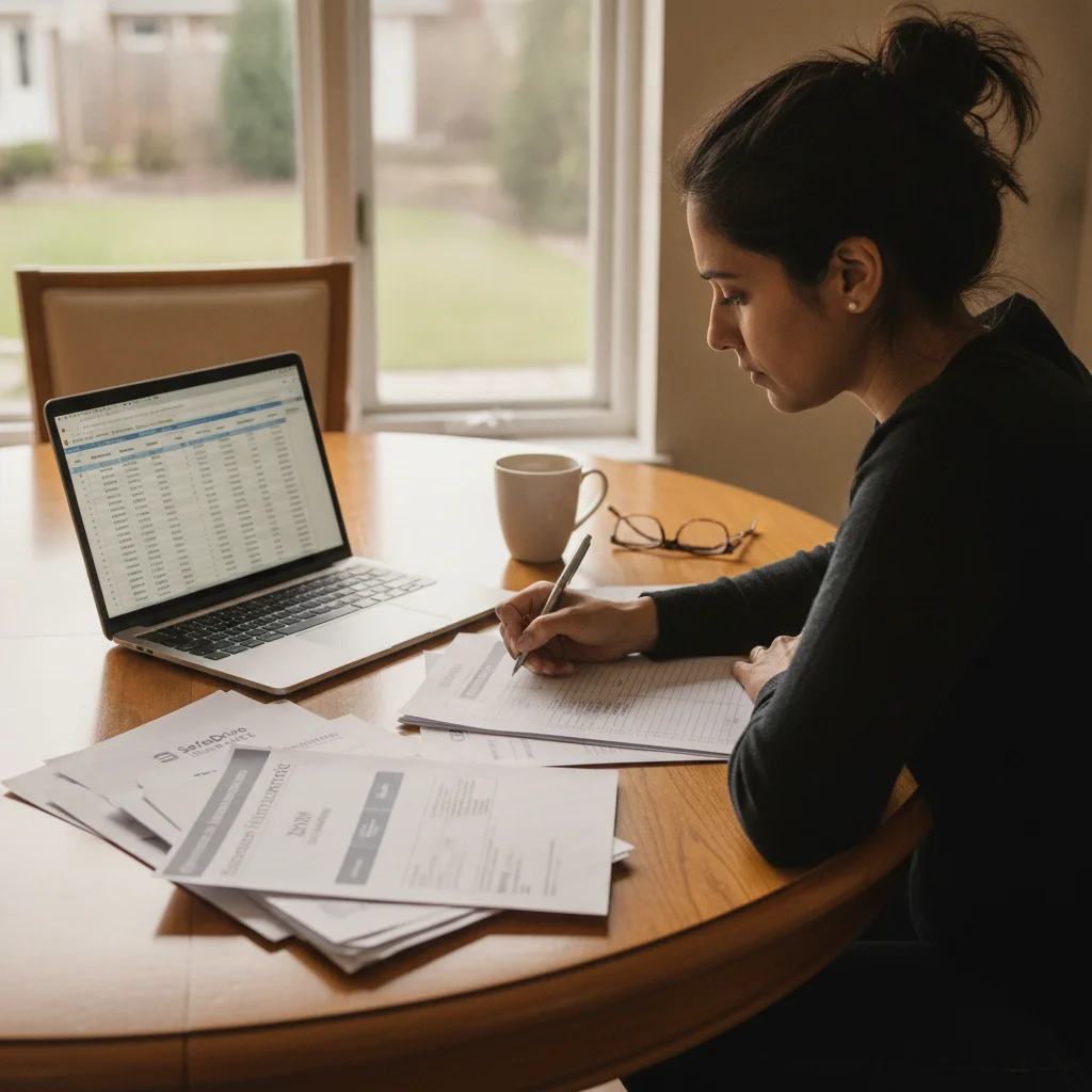 Person analyzing auto loan and gap insurance documents at a table with a spreadsheet visible
