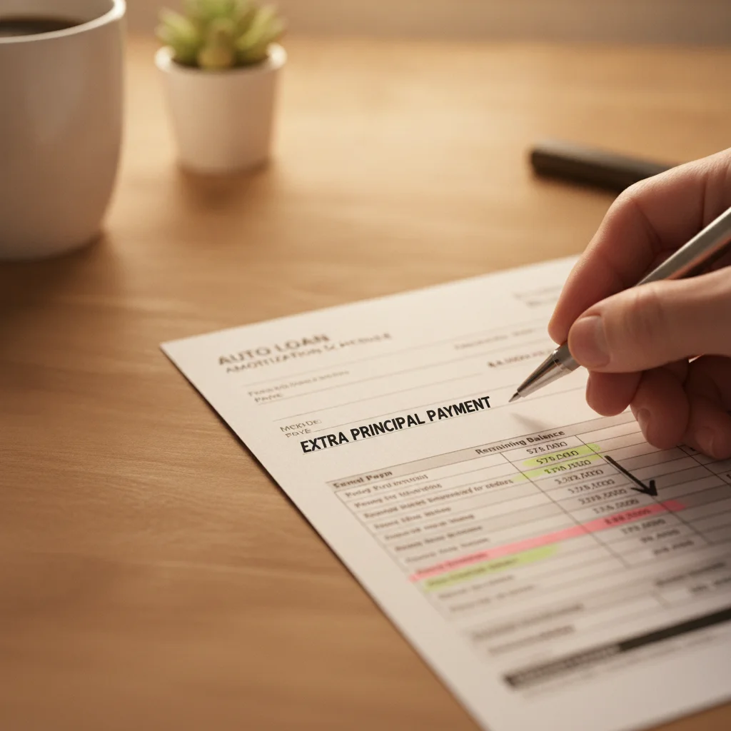 Hand writing an extra principal payment check beside an auto loan amortization schedule