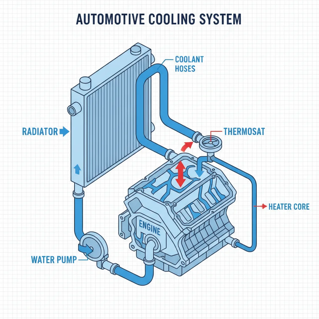 Simplified diagram of a car cooling system showing coolant flow path through radiator and engine