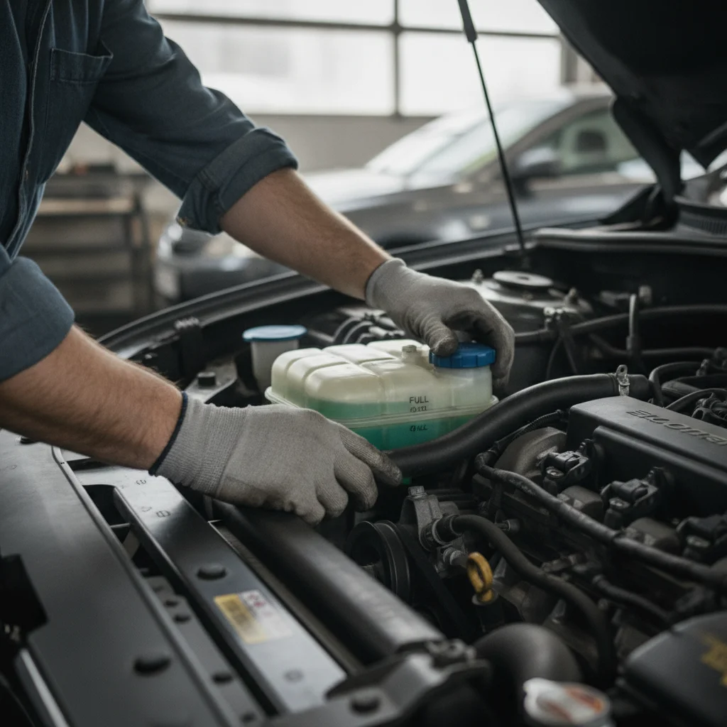 Mechanic inspecting coolant reservoir and engine hoses in an open car hood
