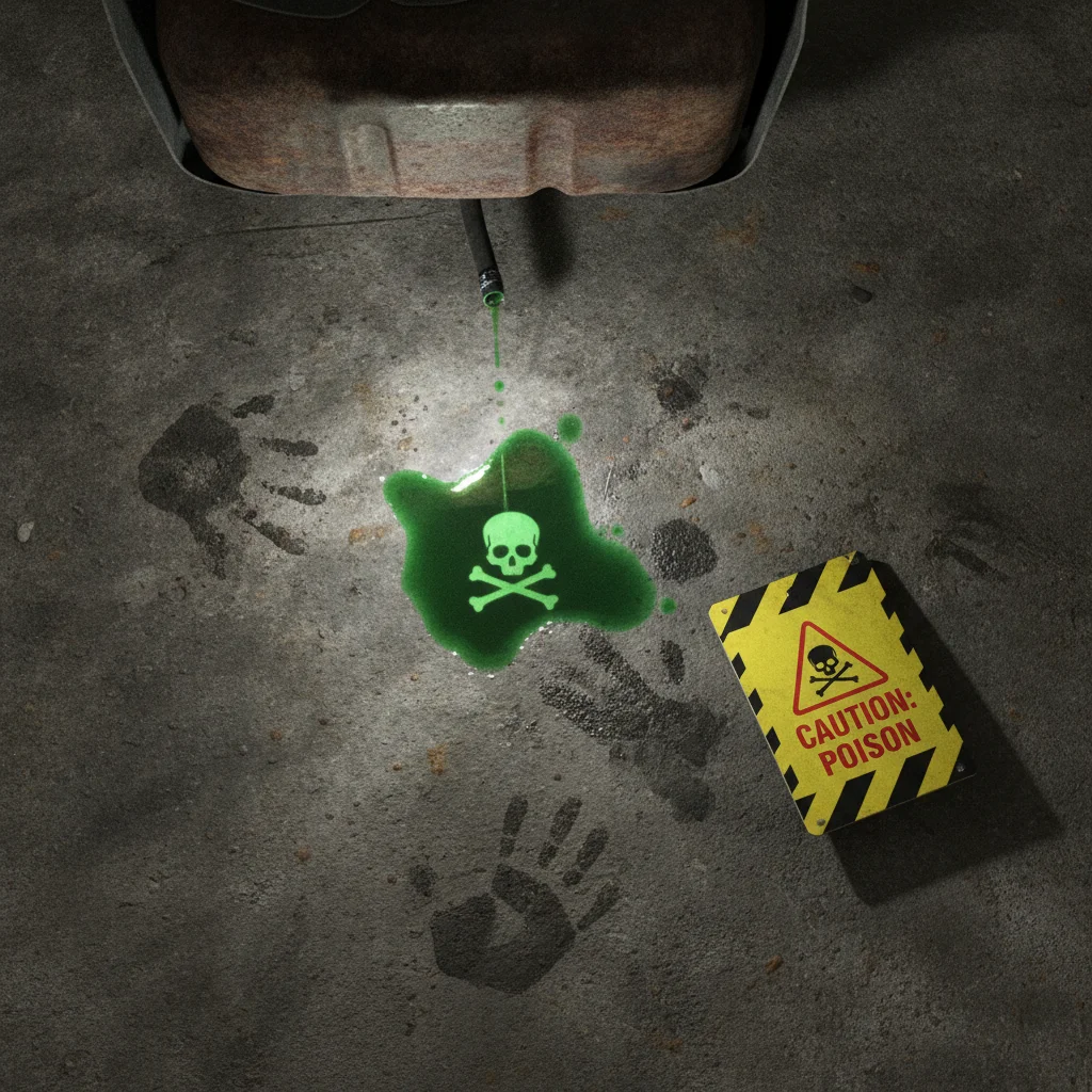 Small puddle of green coolant on concrete floor beneath a parked car