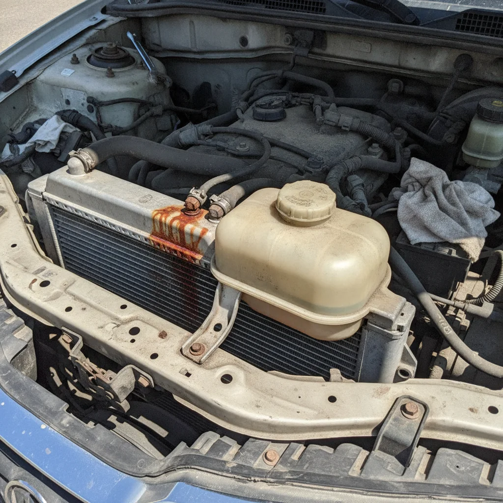 Used car engine bay showing rust and discoloration around radiator and coolant hose connections
