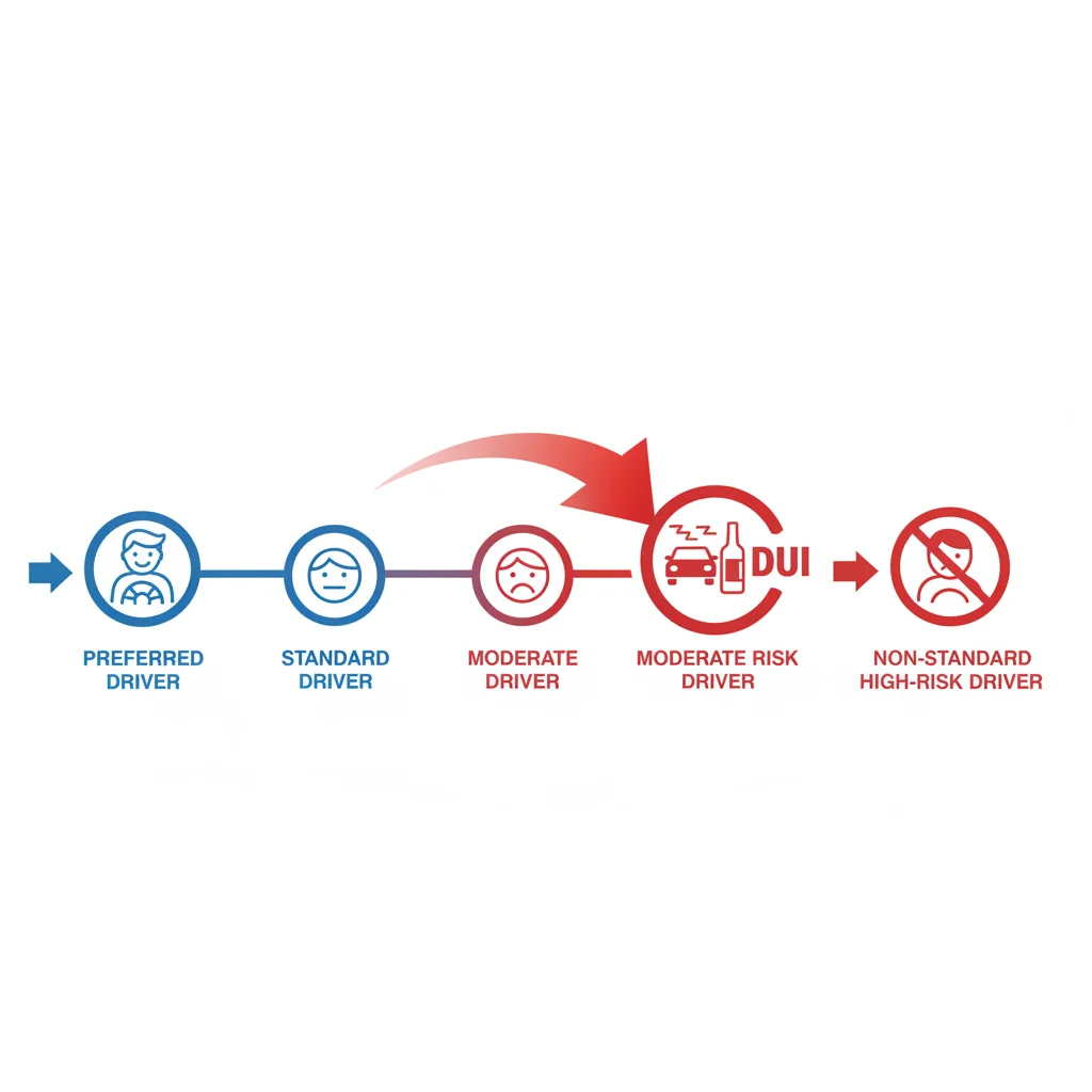 Risk spectrum diagram showing how a DUI conviction moves a driver from preferred to non-standard insurance tier