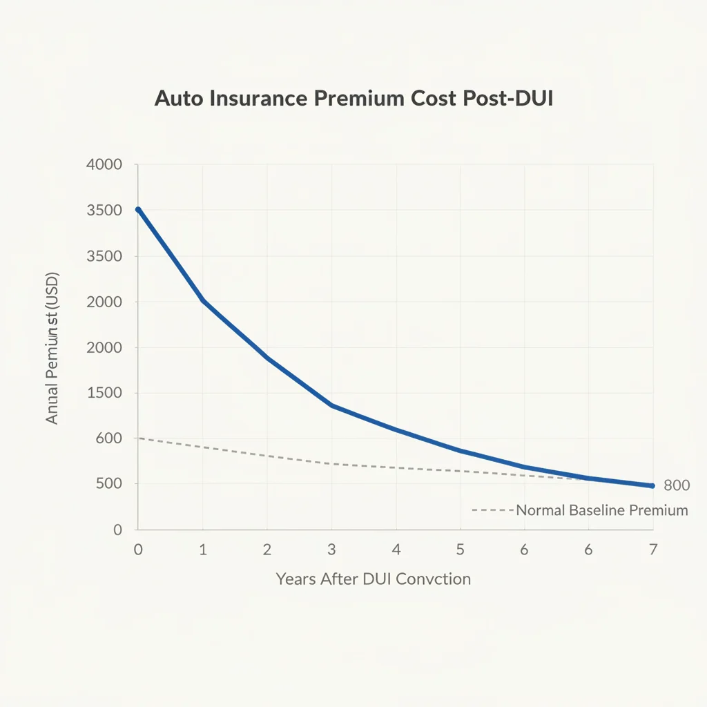 Line graph illustrating the gradual decline of auto insurance premiums over seven years following a DUI conviction